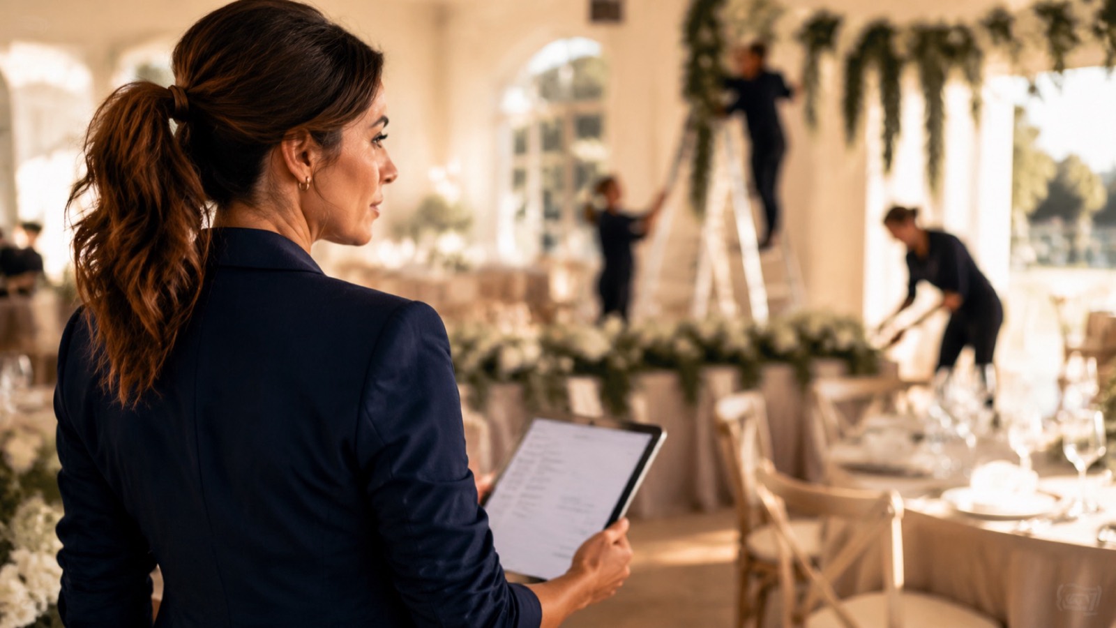 A wedding planner in the middle of preparations
